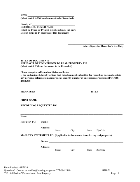 Affidavit of Conversion to Real Property, Lyon County form, first page