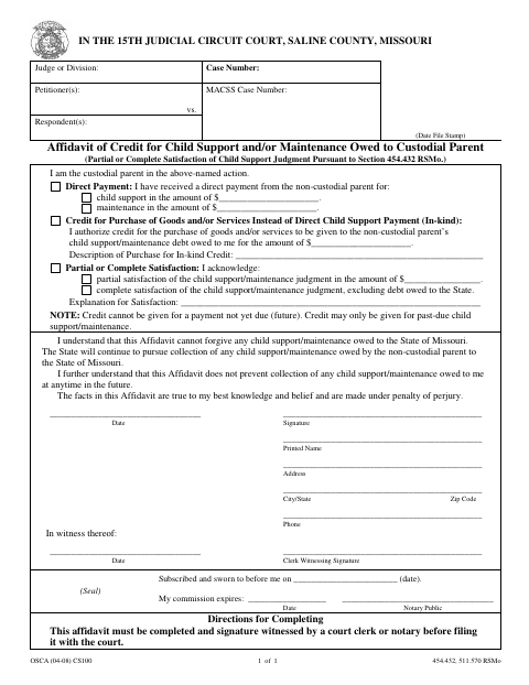 Affidavit of Credit for Child Support and Maintenance, Saline County form, first page