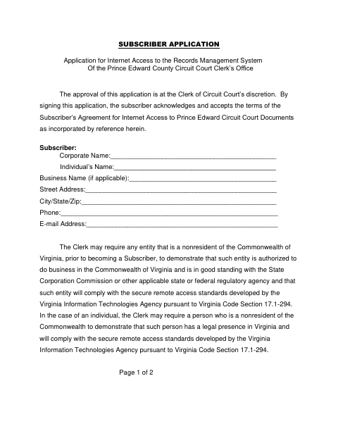 Subscriber Application, Prince Edward County form, first page
