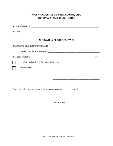 Affidavit in Proof of Service, Defiance County form, first page