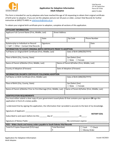 Application for Adoption Information Adult Adoptee first page
