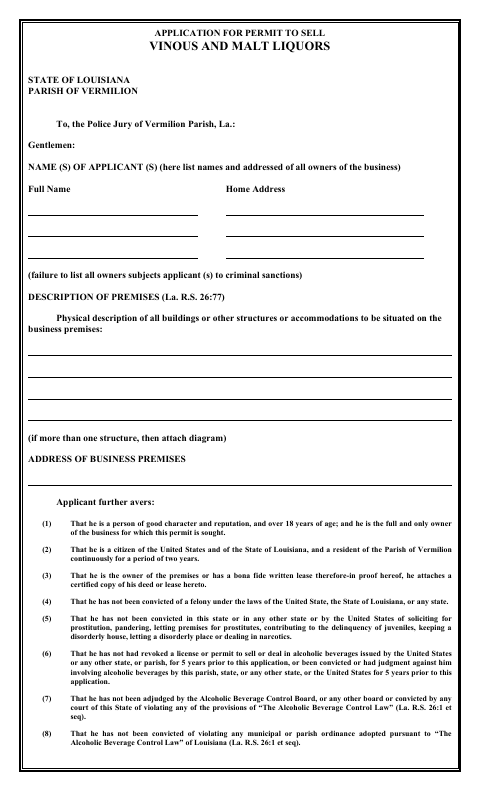 Application for Permit to Sell Vinous and Malt Liquors, Vermilion Parish form, first page