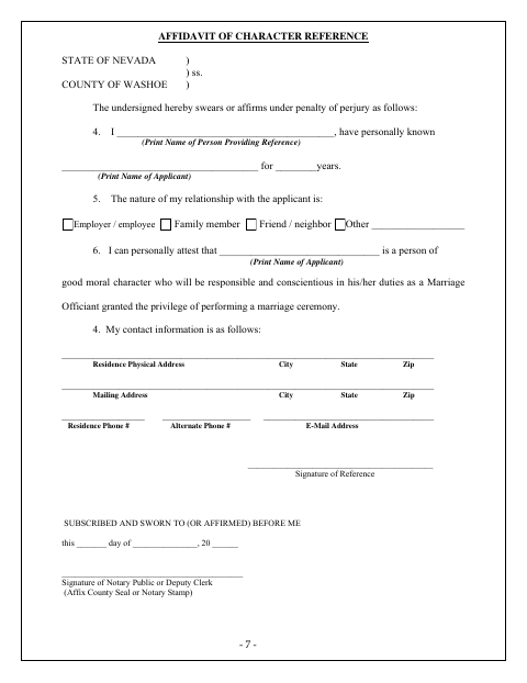 Affidavit of Character Reference, Washoe County form, first page