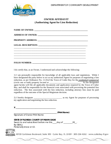 First page of the Affidavit Designating Agent for Lien Reduction