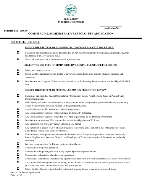 Special Use Permit Application, Taos County form, first page