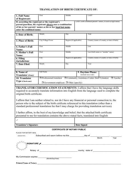 Translation of Birth Certificate, Barron County form, first page