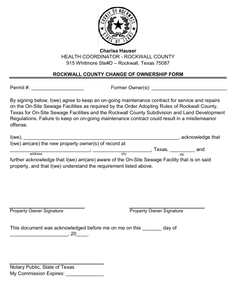 Change of Ownership Form, Rockwall County form, first page
