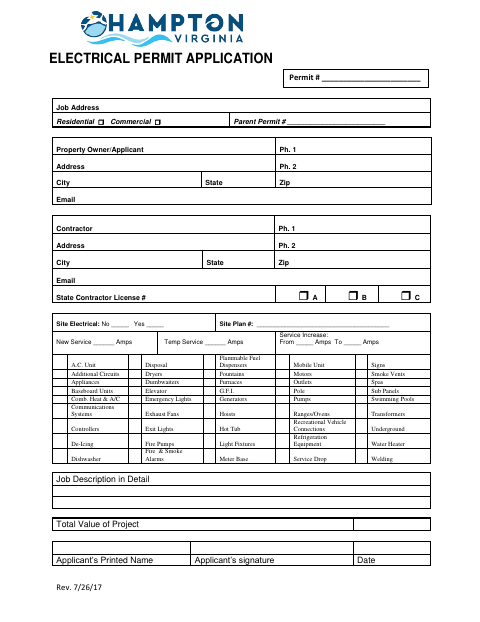 Electrical Permit Application, City of Hampton form, first page