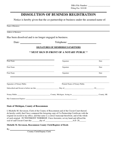 Dissolution of Business Registration, Roscommon County form, first page