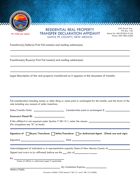 Residential Real Property Transfer Declaration Affidavit, Santa Fe County form, first page