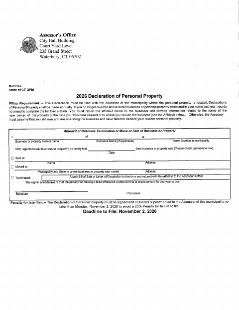 First page of the Long Form Declaration of Personal Property