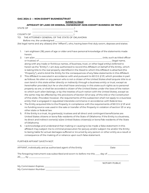 Affidavit Of Land Or Mineral Ownership: Non-Exempt Business Or Trust, Osage County form, first page