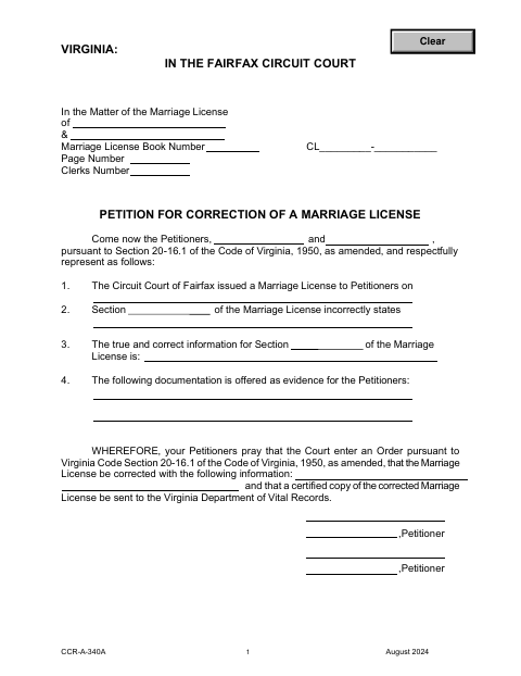 Marriage License Correction Petition and Order, Fairfax County form, first page