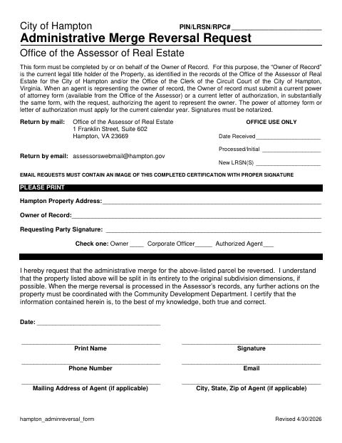 Administrative Merge Reversal Request, City of Hampton form, first page