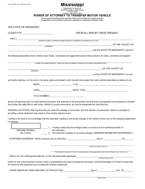 Power of Attorney to Transfer Motor Vehicle, Jackson County form, first page