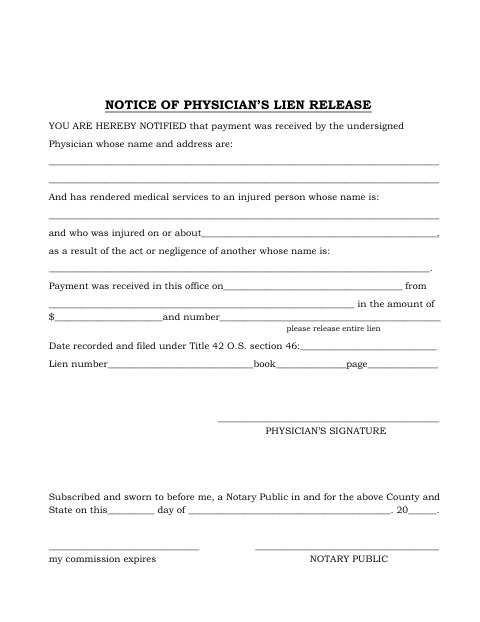 Notice Of Physician’s Lien Release, Cleveland County form, first page