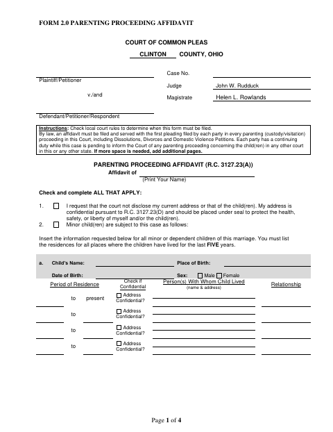 Parenting Proceeding Affidavit, Clinton County form, first page