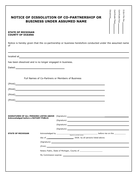 Notice of Dissolution of Co-Partnership or Business Under Assumed Name, Oceana County form, first page