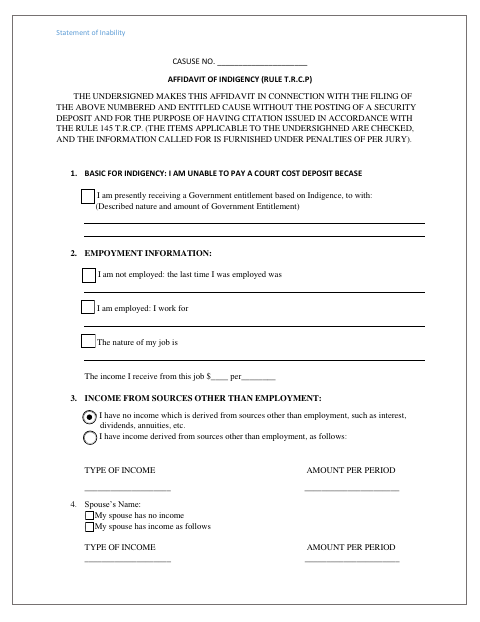 Statement of Inability to Pay, Webb County form, first page