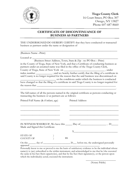 Certificate of Discontinuance of Business as Partners, Tioga County form, first page