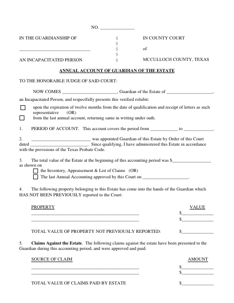 Annual Account of Guardian of the Estate, McCulloch County form, first page