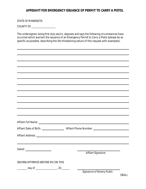 Affidavit for Emergency Issuance of Permit to Carry a Pistol, Scott County form, first page
