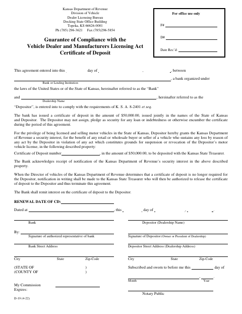 D-19 Guarantee of Compliance Certificate of Deposit first page