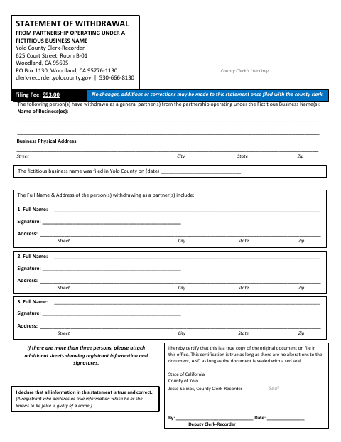 First page of the Statement of Withdrawal From Partnership Operating Under a Fictitious Business Name
