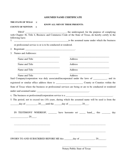 Assumed Name Certificate, Newton County form, first page