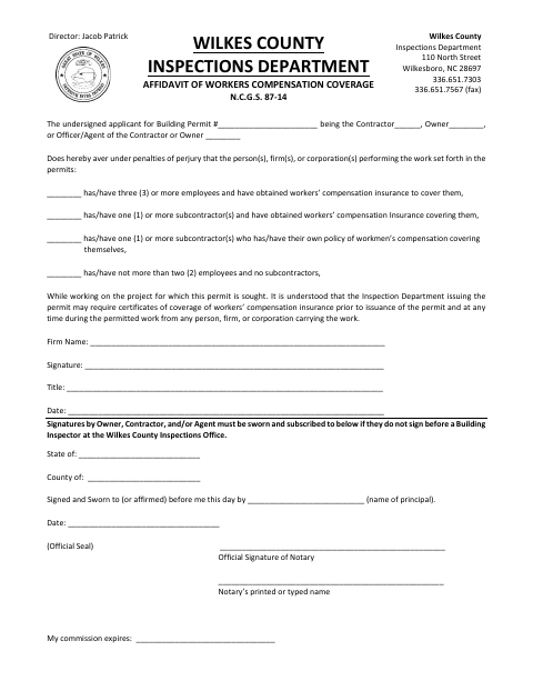 Affidavit of Workers Compensation Coverage, Wilkes County form, first page