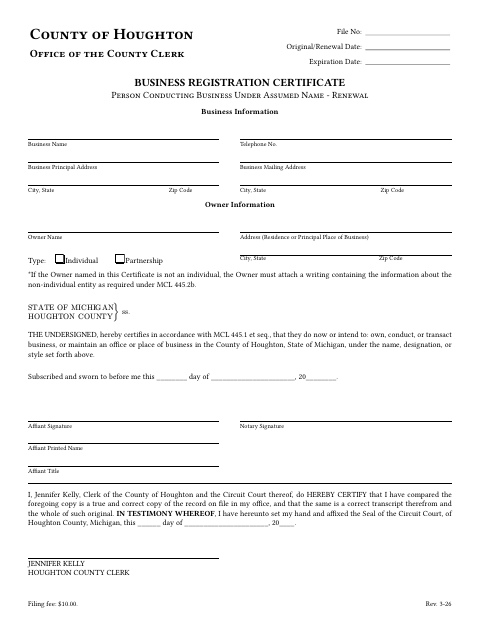 Business Registration Certificate Renewal, Houghton County form, first page