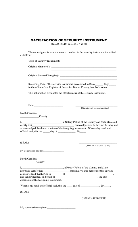 Satisfaction of Security Instrument, Pender County form, first page