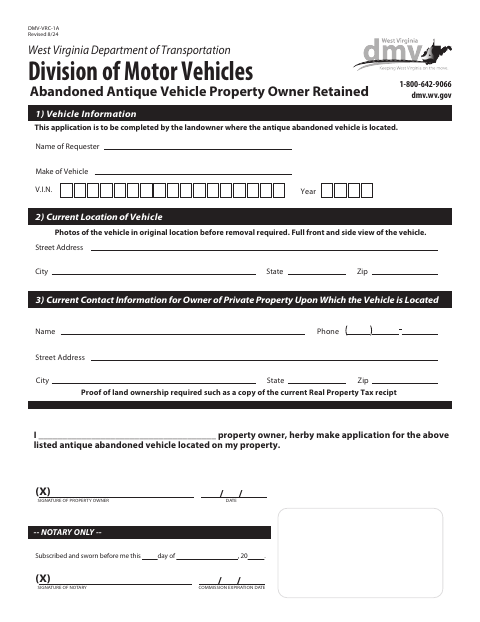 DMV-VRC-1A Vehicle Removal Certificate first page