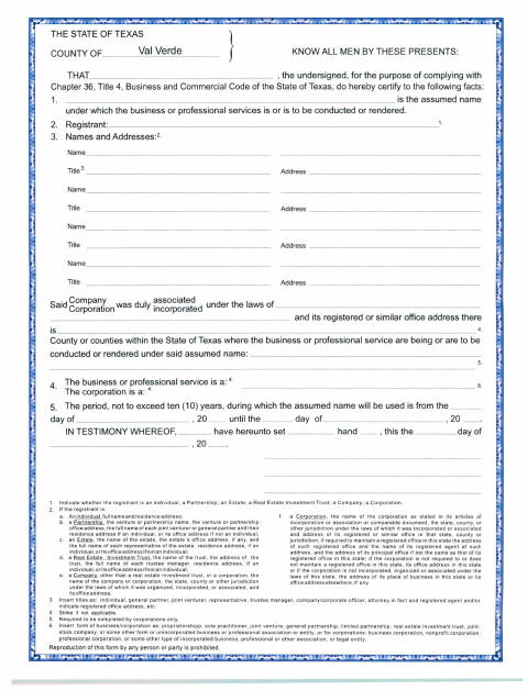Assumed Name Certificate, Val Verde County form, first page