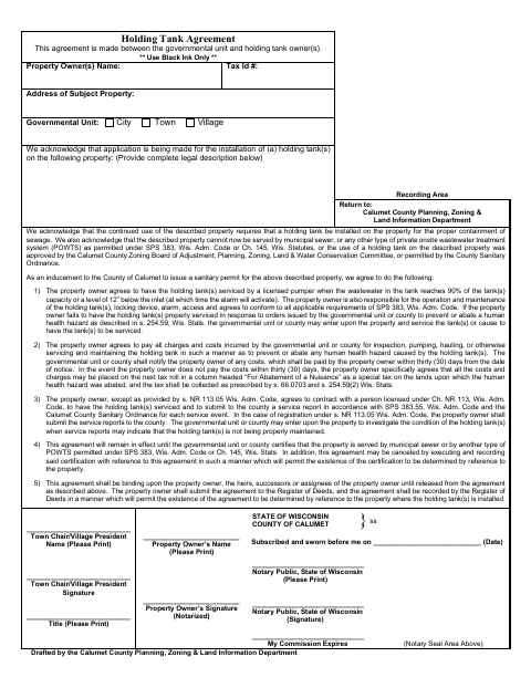 Holding Tank Agreement, Calumet County form, first page