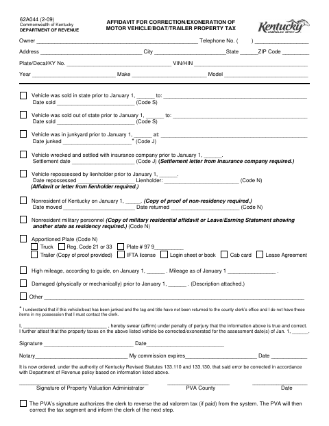 Affidavit for Correction or Exoneration of Motor Vehicle, Boat, or Trailer Property Tax, Daviess County form, first page