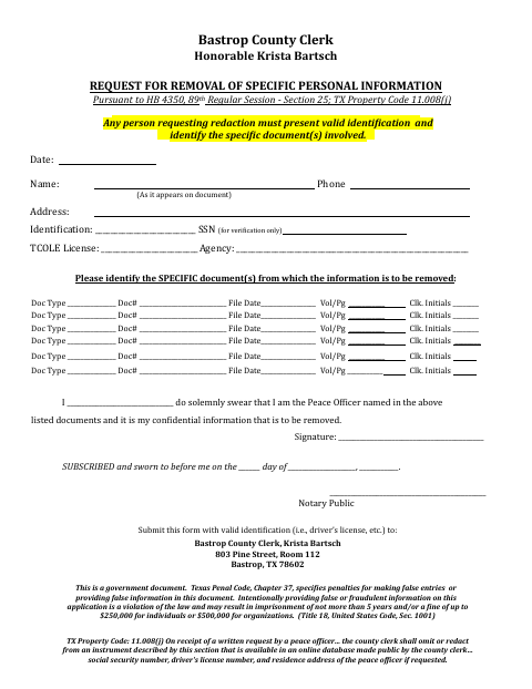 Request For Removal Of Specific Personal Information, Bastrop County form, first page