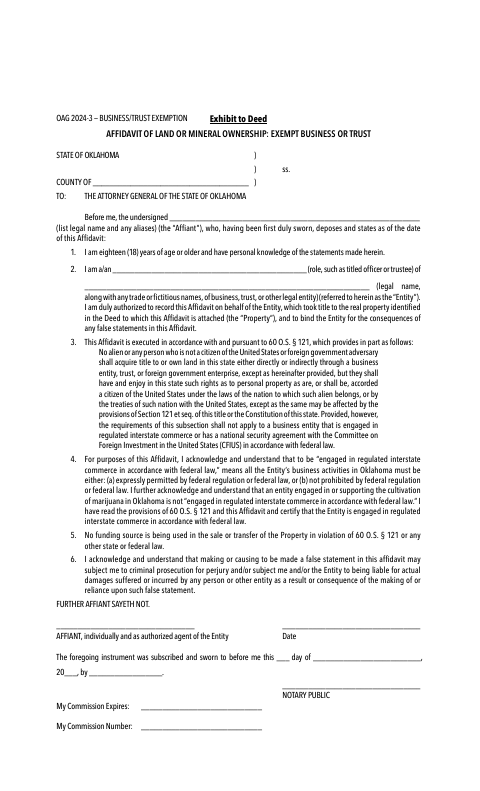 Affidavit of Land or Mineral Ownership: Exempt Business or Trust, Grady County form, first page