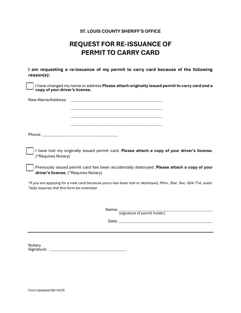 Request for Reissuance of Permit to Carry Card, St. Louis County form, first page