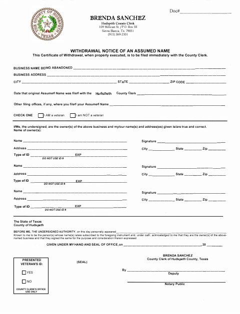 Withdrawal Notice of an Assumed Name, Hudspeth County form, first page