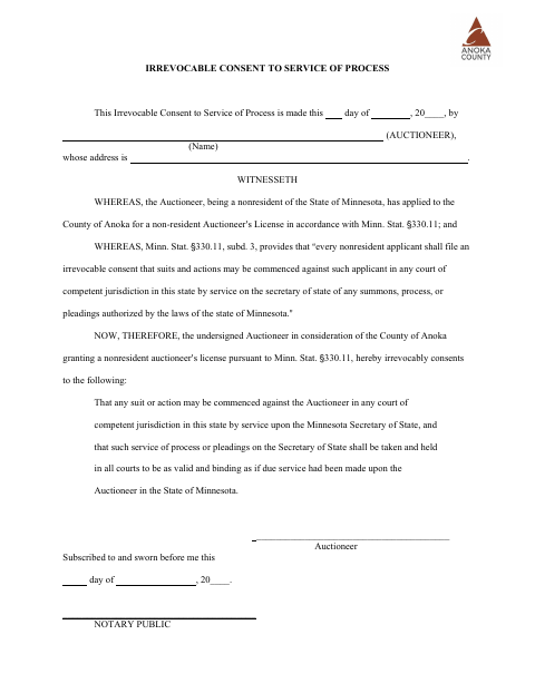 Irrevocable Consent to Service of Process, Anoka County form, first page