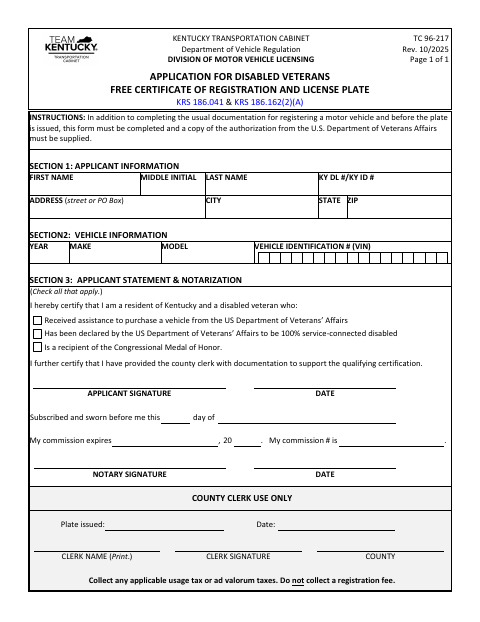 TC 96-217 Disabled Veterans Free Registration and License Plate Application first page