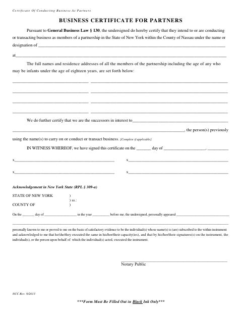 Certificate of Conducting Business as Partners, Nassau County form, first page