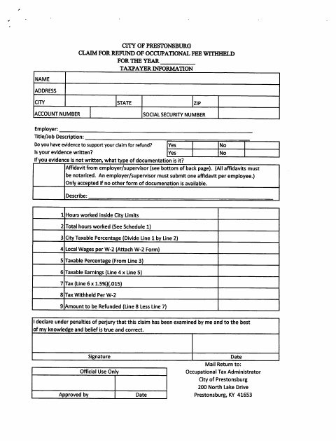First page of the Claim for Refund of Occupational Fee