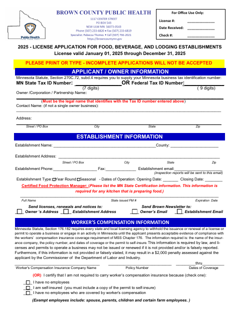 First page of the License Application for Food, Beverage, and Lodging Establishments