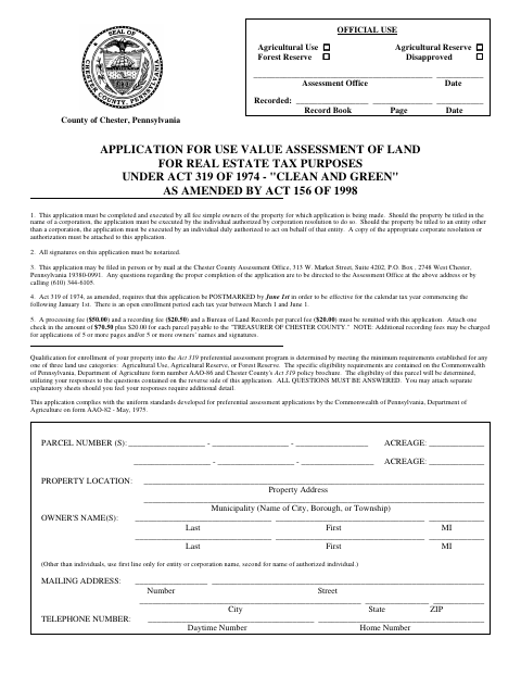 Application for Use Value Assessment of Land, Chester County form, first page
