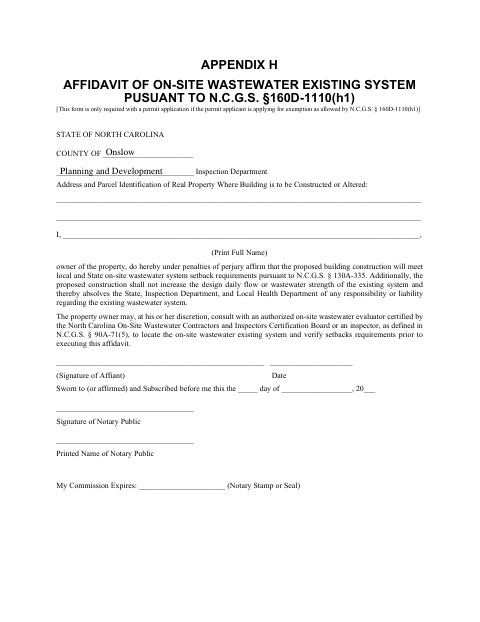 Appendix H – Affidavit of On-Site Wastewater Existing System, Onslow County form, first page