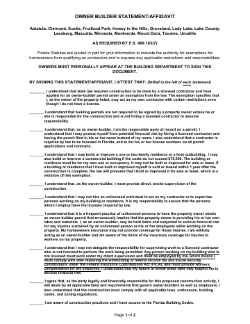 First page of the Owner Builder Statement/Affidavit