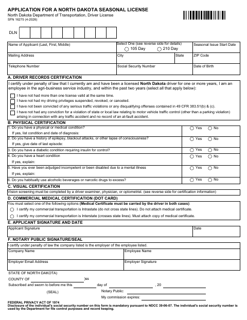 SFN 16275 Seasonal License Application first page