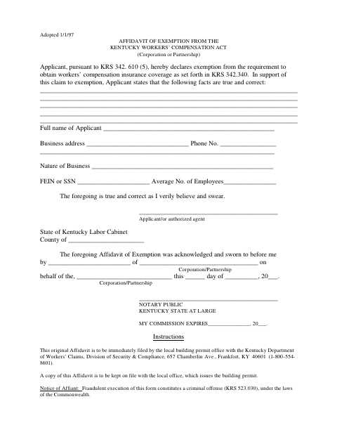 Workers’ Compensation Exemption Affidavit (Corporation or Partnership), Henderson County form, first page